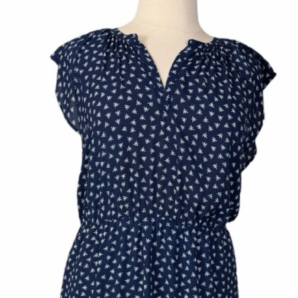 J. Crew Midi Dress Blouson Flutter Sleeve Navy Blue Star Print Women’s Size XLT - Picture 6 of 13